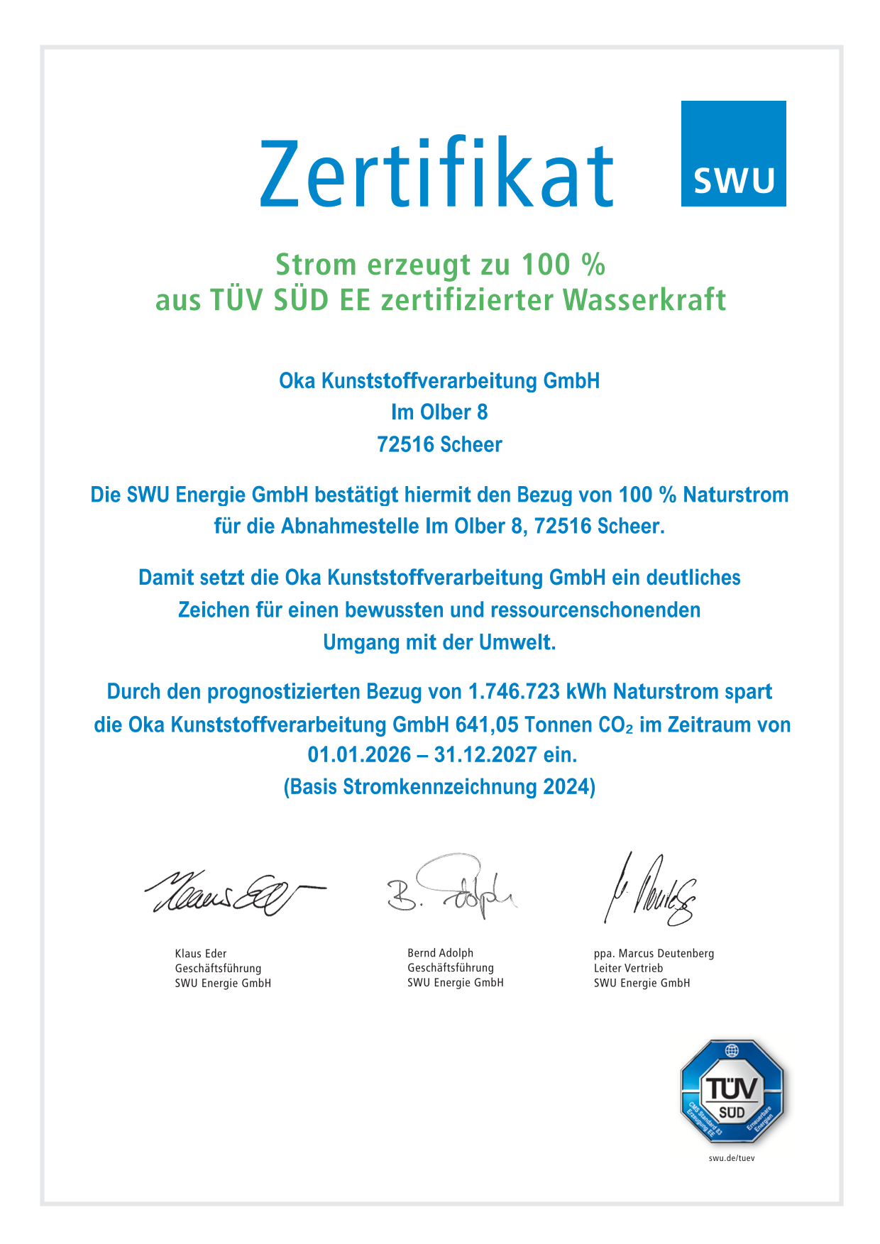 SWU Naturstormzertifikat SWU Naturstormzertifikat